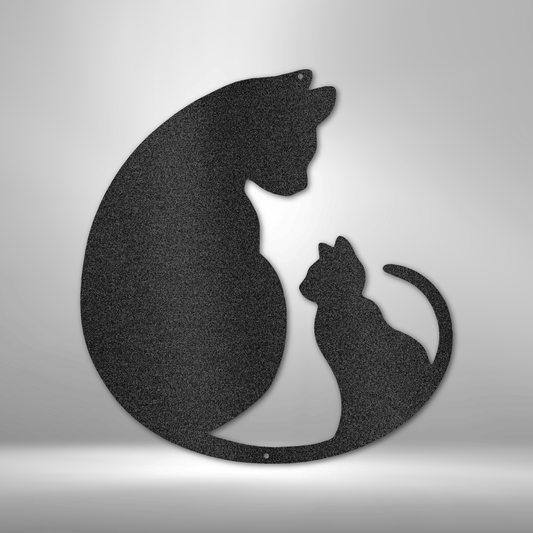 Metal wall art sign of a cat and her kitten in a loving pose, use this as a home decor piece. This picture shows the design in the color black