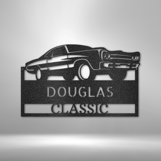 Metal wall art sign of a classic car with room for custom name or text underneath it. This picture shows the design in the color black