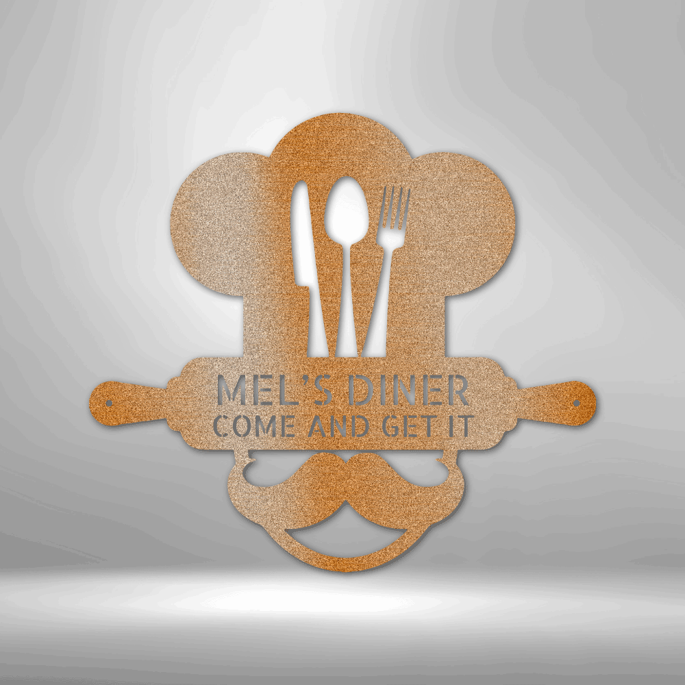 Metal Wall Art Sign of A Cooking chef with a chef's hat and a rolling pin that you can personalize with your own custom text or names. Hanging on the wall . It has the color copper