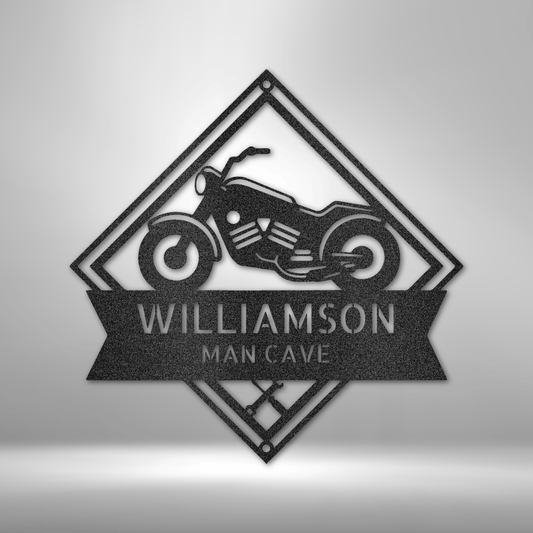 Metal wall art sign of a motorcycle with tools and a banner that you can personalize with your own name or text. This picture shows the design in the color black
