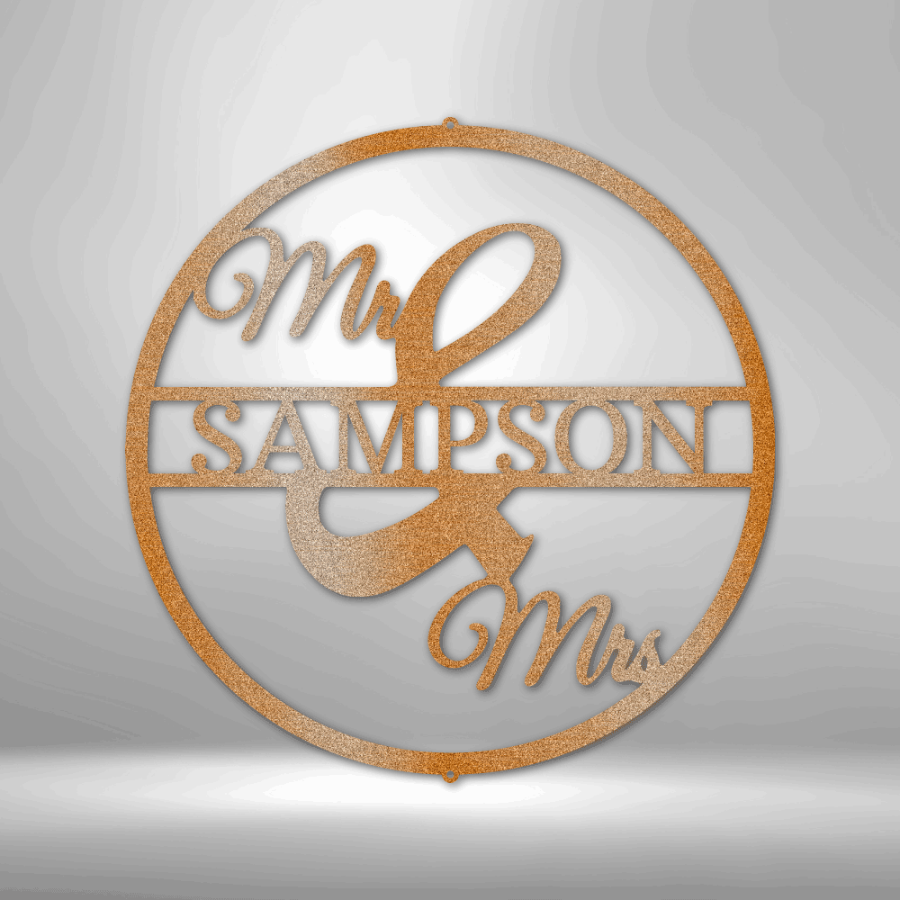 Metal Wall Art Sign hanging as home decor with the mr and mrs design. Add your last name to it as a personalization. This picture shows the design in the color copper