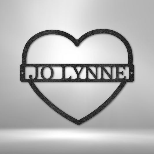 Metal Wall Art Sign in a heart shape with a custom name or text inside of it. Minimalism design. Hanging on the wall in the color black
