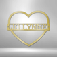 Metal Wall Art Sign in a heart shape with a custom name or text inside of it. Minimalism design. Hanging on the wall in the color gold