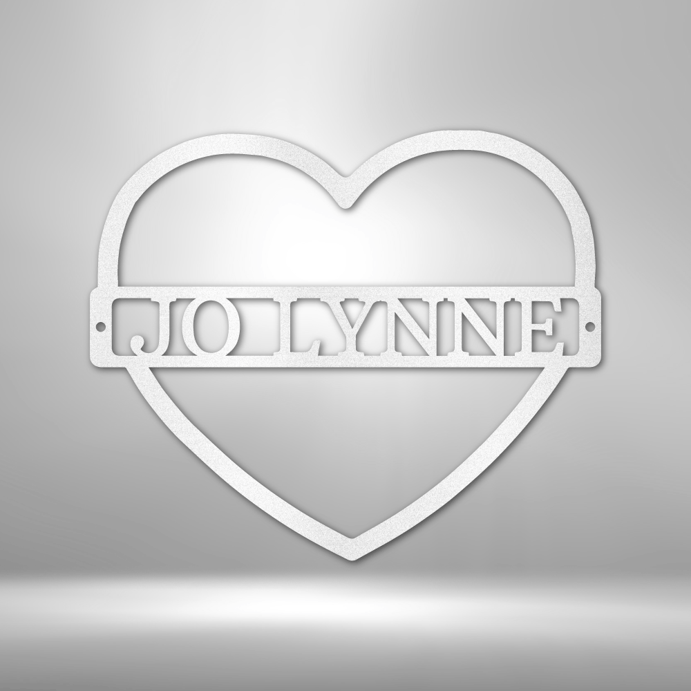 Metal Wall Art Sign in a heart shape with a custom name or text inside of it. Minimalism design. Hanging on the wall in the color white