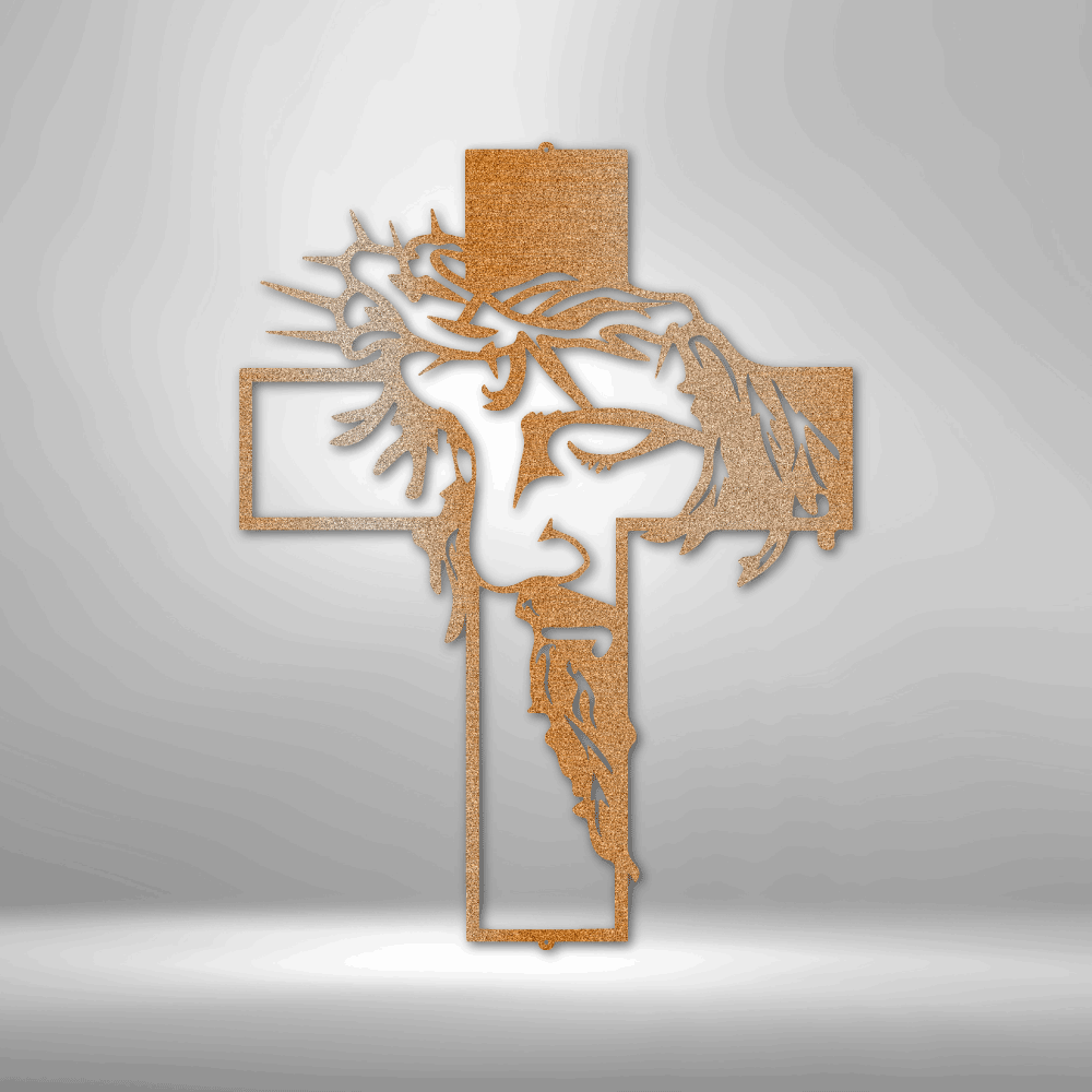 steel sign of Jesus Chirst with his crown of thorns inside a cross in the color black