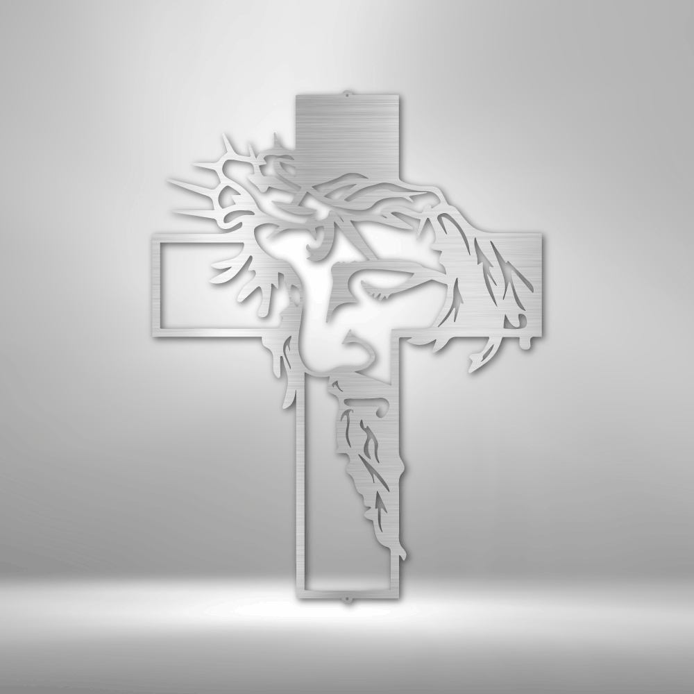steel sign of Jesus Chirst with his crown of thorns inside a cross in the color silver