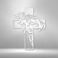 steel sign of Jesus Chirst with his crown of thorns inside a cross in the color white