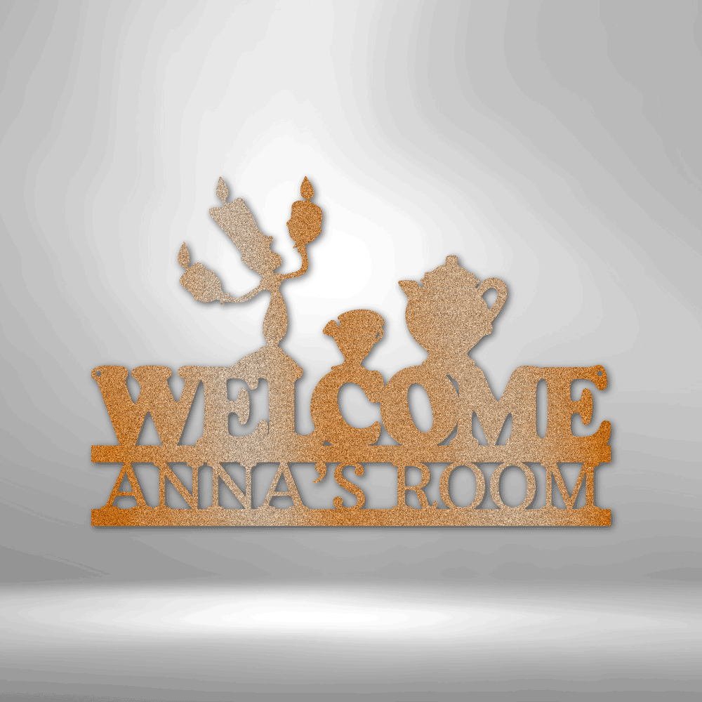 Metal wall art sign featuring the Beauty and the Beast candle (Lumiere), teapot (Mrs. Potts) and teacup (Chip Potts) as children's room decor. Personalize this with a kids name. This picture show the design in the color copper