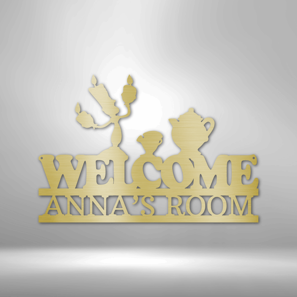Metal wall art sign featuring the Beauty and the Beast candle (Lumiere), teapot (Mrs. Potts) and teacup (Chip Potts) as children's room decor. Personalize this with a kids name. This picture show the design in the color gold