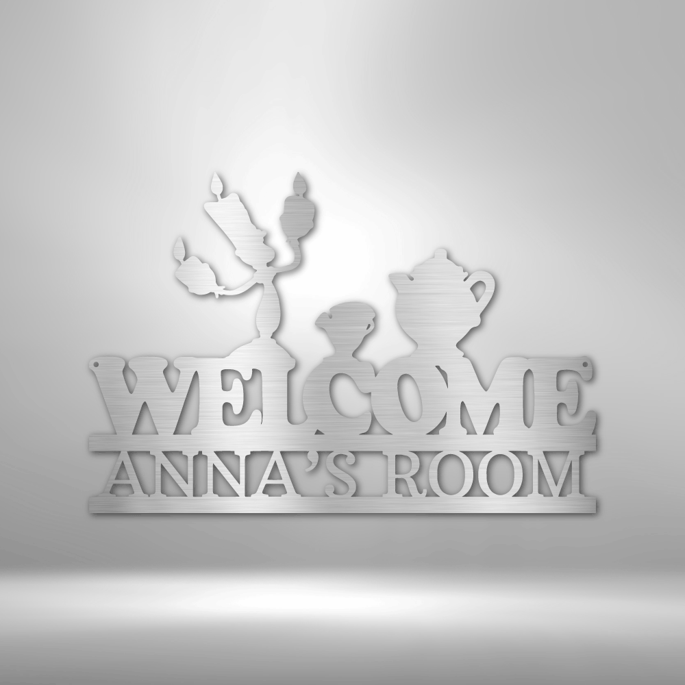 Metal wall art sign featuring the Beauty and the Beast candle (Lumiere), teapot (Mrs. Potts) and teacup (Chip Potts) as children's room decor. Personalize this with a kids name. This picture show the design in the color silver
