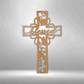 Metal wall art sign of a christian cross with the word blessed inside it. The piece is decorated with metal leafs. The picture show the design in the color copper