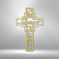 Metal wall art sign of a christian cross with the word blessed inside it. The piece is decorated with metal leafs. The picture show the design in the color gold