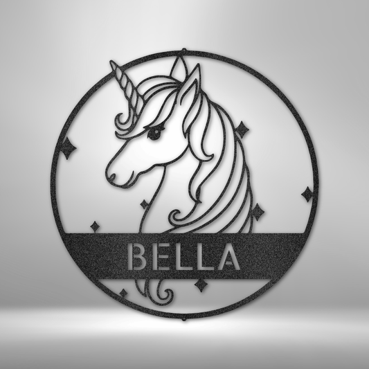 Metal wall art sign of a unicorn with a customized name on it, hanging on the wall. This picture shows the design in the color black