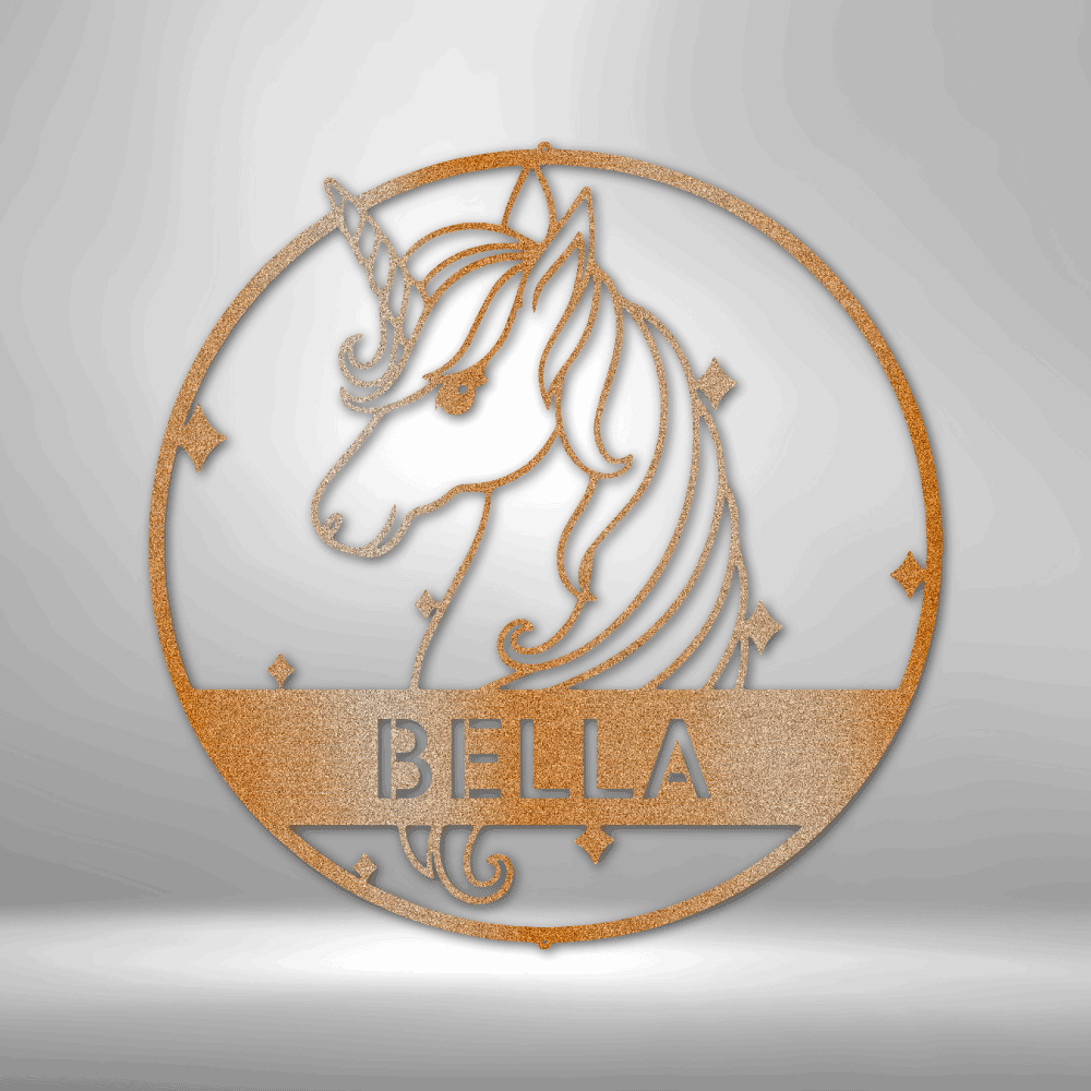 Metal wall art sign of a unicorn with a customized name on it, hanging on the wall. This picture shows the design in the color copper