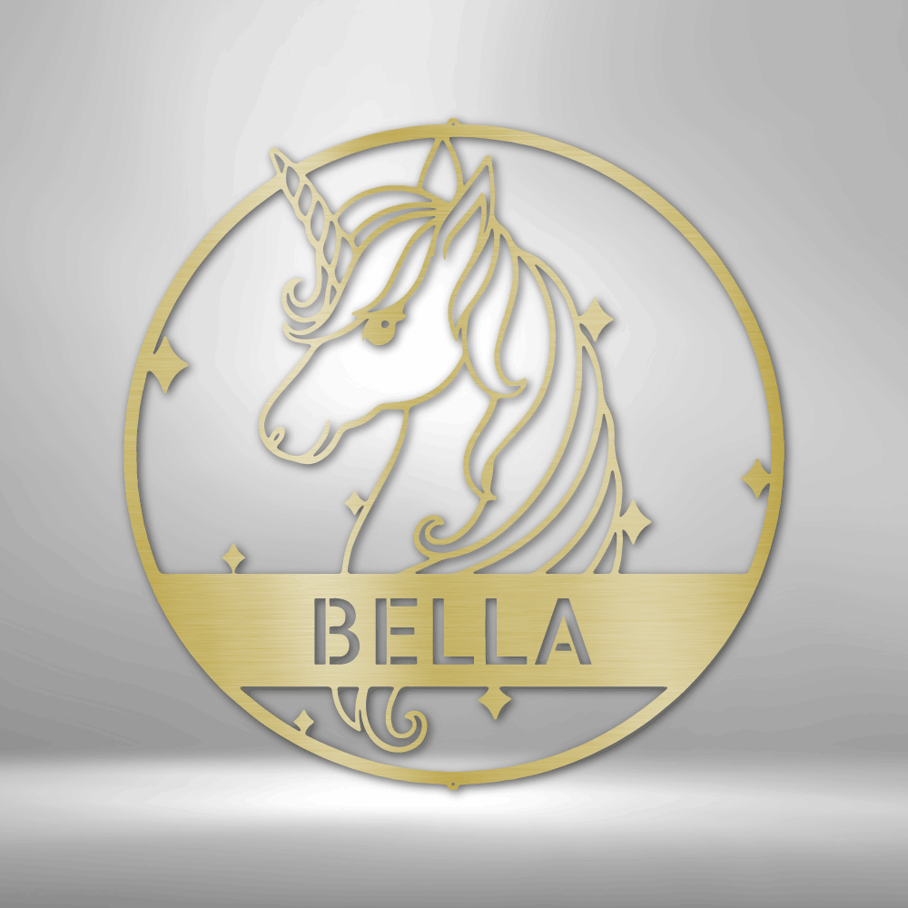 Metal wall art sign of a unicorn with a customized name on it, hanging on the wall. This picture shows the design in the color gold