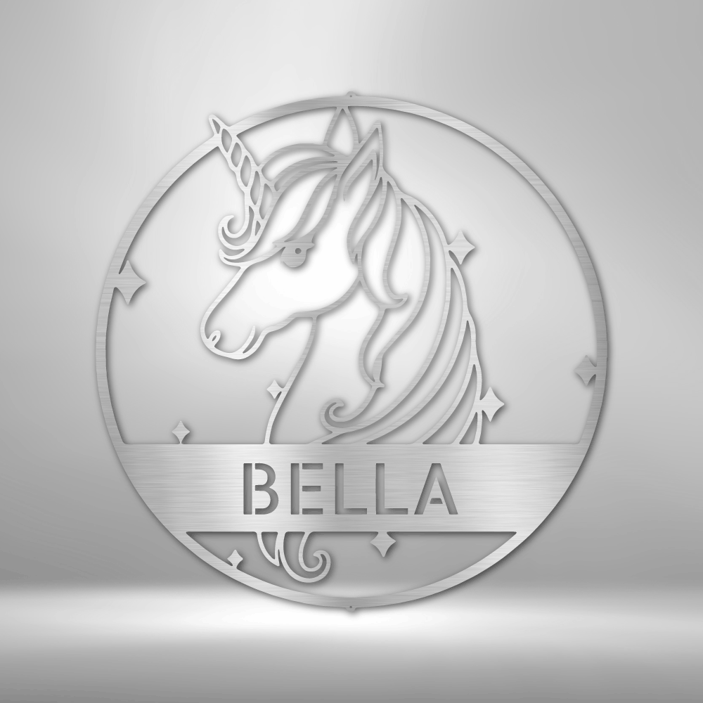 Metal wall art sign of a unicorn with a customized name on it, hanging on the wall. This picture shows the design in the color silver