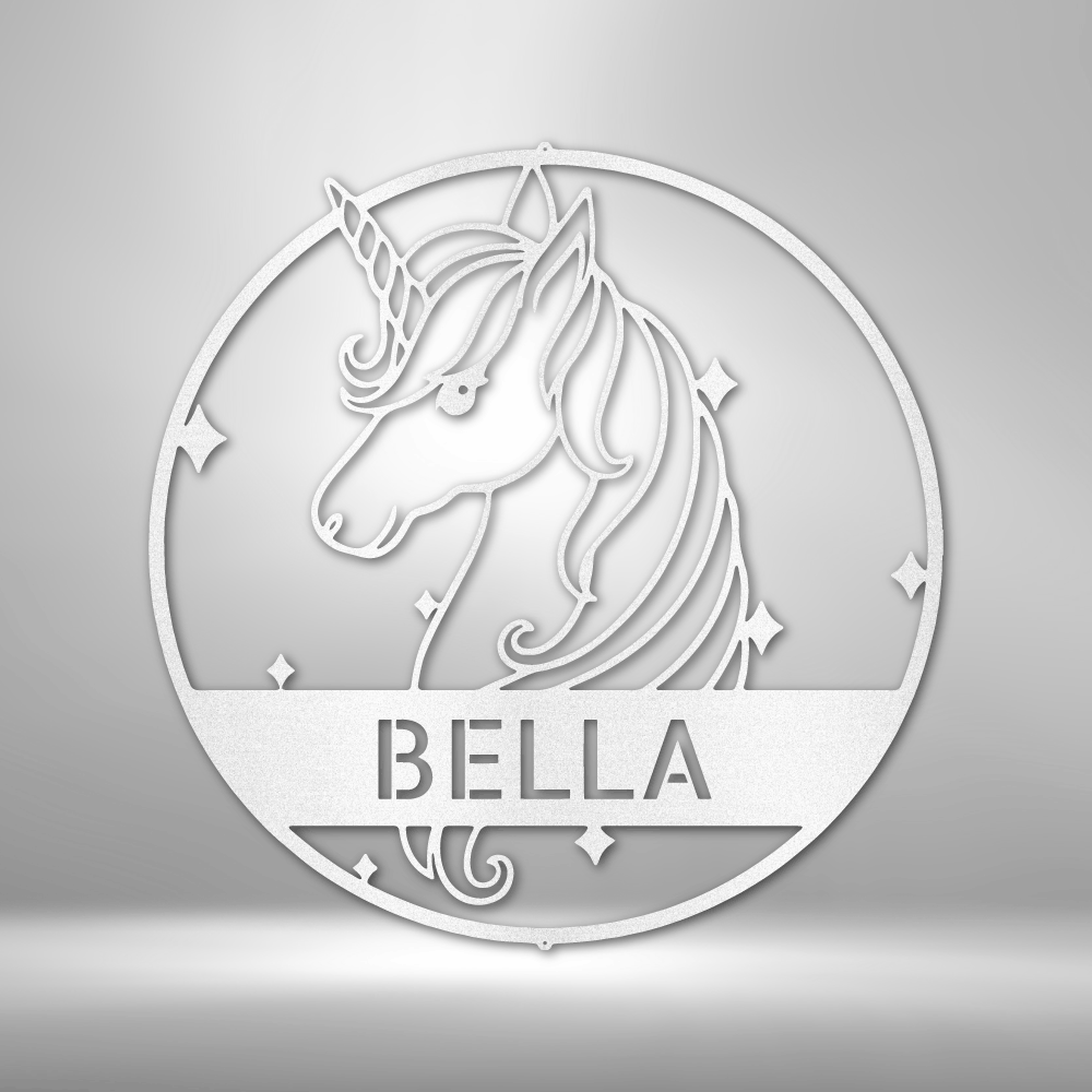Metal wall art sign of a unicorn with a customized name on it, hanging on the wall. This picture shows the design in the color white