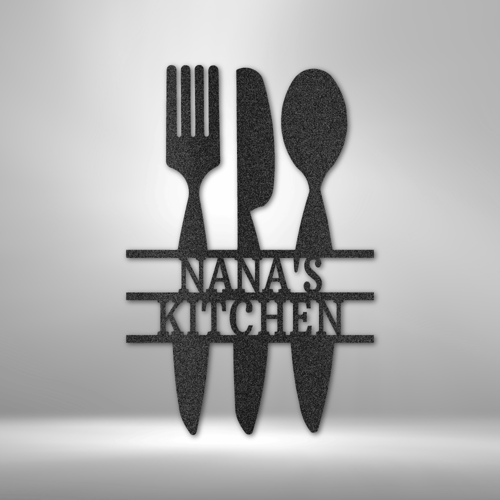 Metal Wall Art Sign of Kitchen Utensils with two rows of custom text. The Steel Sign is hanging on the wall in the color black