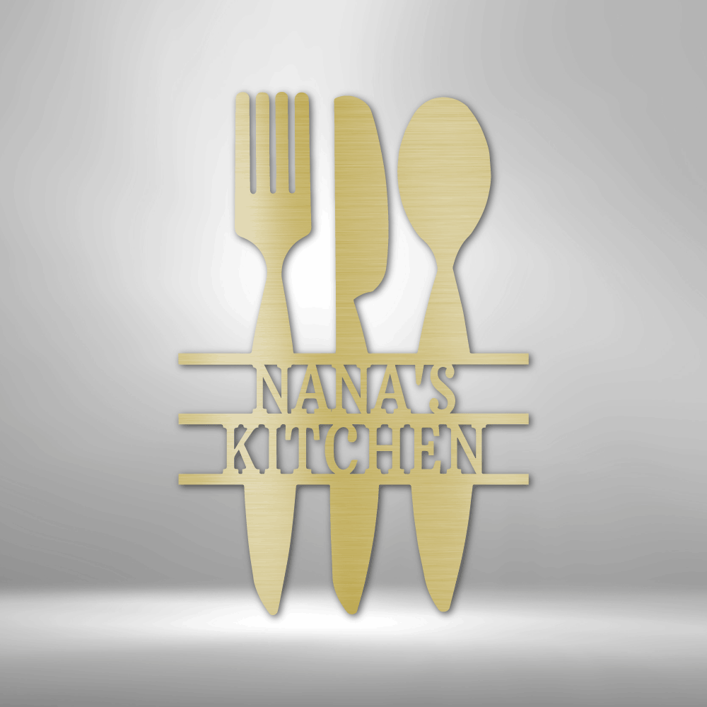 Metal Wall Art Sign of Kitchen Utensils with two rows of custom text. The Steel Sign is hanging on the wall in the color gold