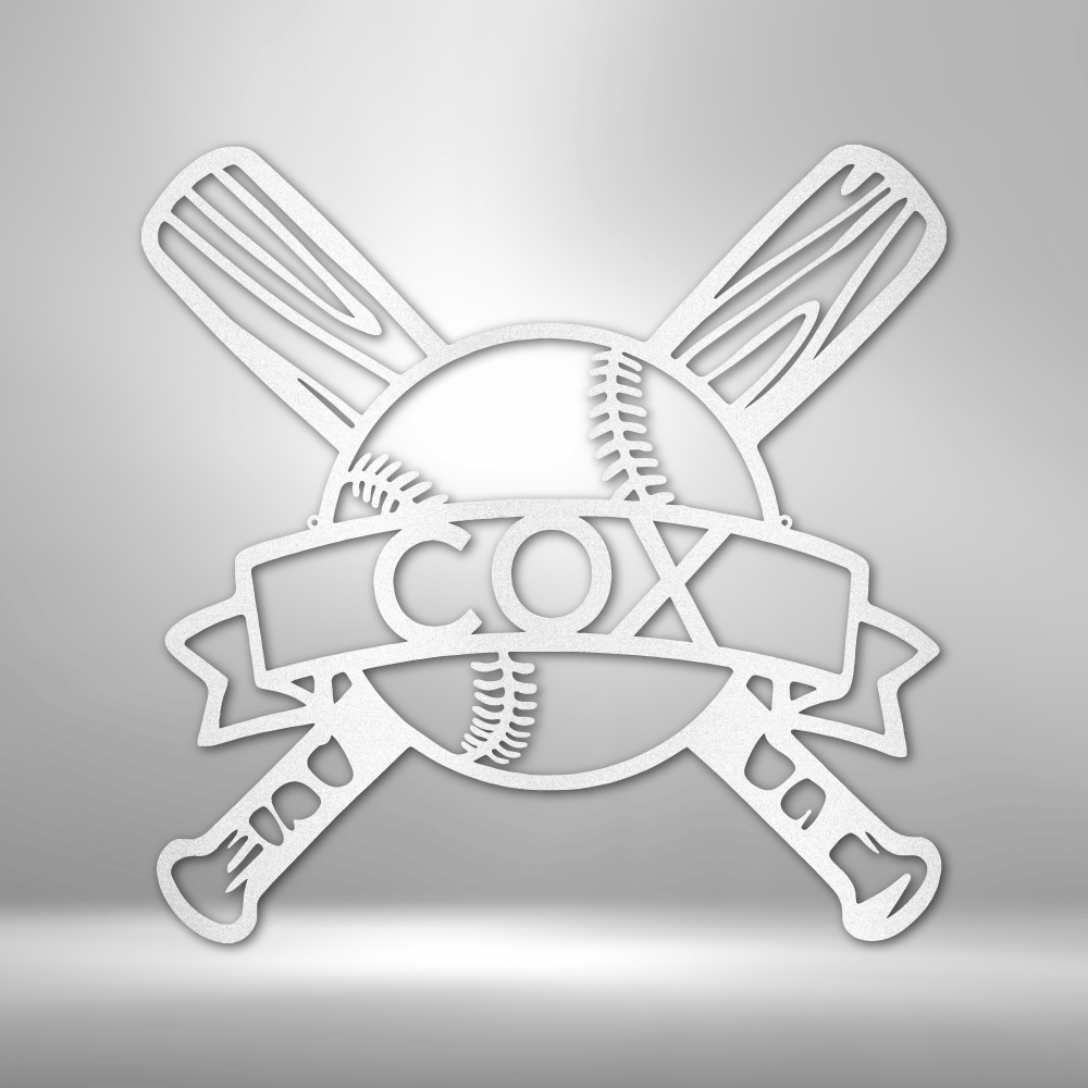 Metal wall art sign with a sport theme, this design shows baseball bats with a baseball ball and a banner that you can personalize with a custom name or text. This picture shows the design hanging on the wall in the color white