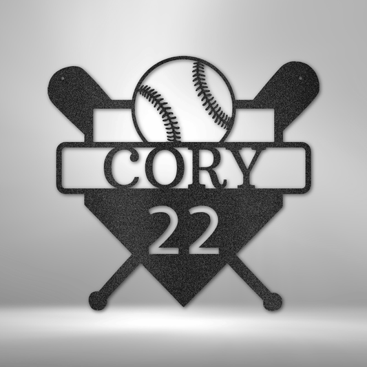 Personalized Metal wall art sign with a baseball sport theme. Hang this art of baseball bats, home plate and ball on the wall of your bedroom or man cave. This picture shows the design in the color black