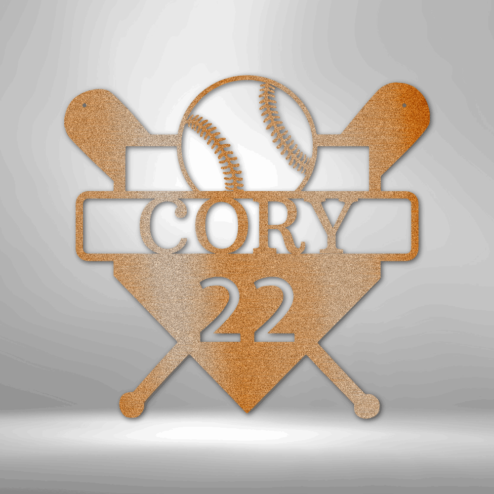 Personalized Metal wall art sign with a baseball sport theme. Hang this art of baseball bats, home plate and ball on the wall of your bedroom or man cave. This picture shows the design in the color copper