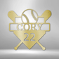 Personalized Metal wall art sign with a baseball sport theme. Hang this art of baseball bats, home plate and ball on the wall of your bedroom or man cave. This picture shows the design in the color gold