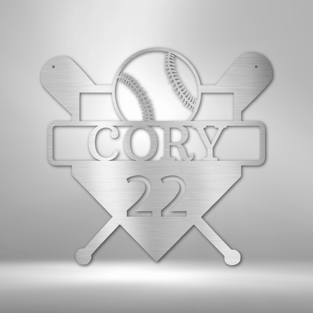 Personalized Metal wall art sign with a baseball sport theme. Hang this art of baseball bats, home plate and ball on the wall of your bedroom or man cave. This picture shows the design in the color silver