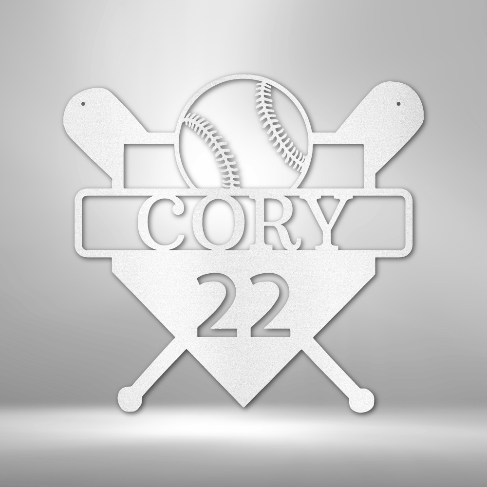 Personalized Metal wall art sign with a baseball sport theme. Hang this art of baseball bats, home plate and ball on the wall of your bedroom or man cave. This picture shows the design in the color white