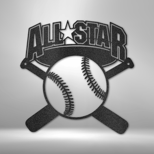 Metal Wall Art Sign of a baseball with two baseball bats and  the words All Star. Hang this on your wall as home sports decoration. This picture shows the design in the color black