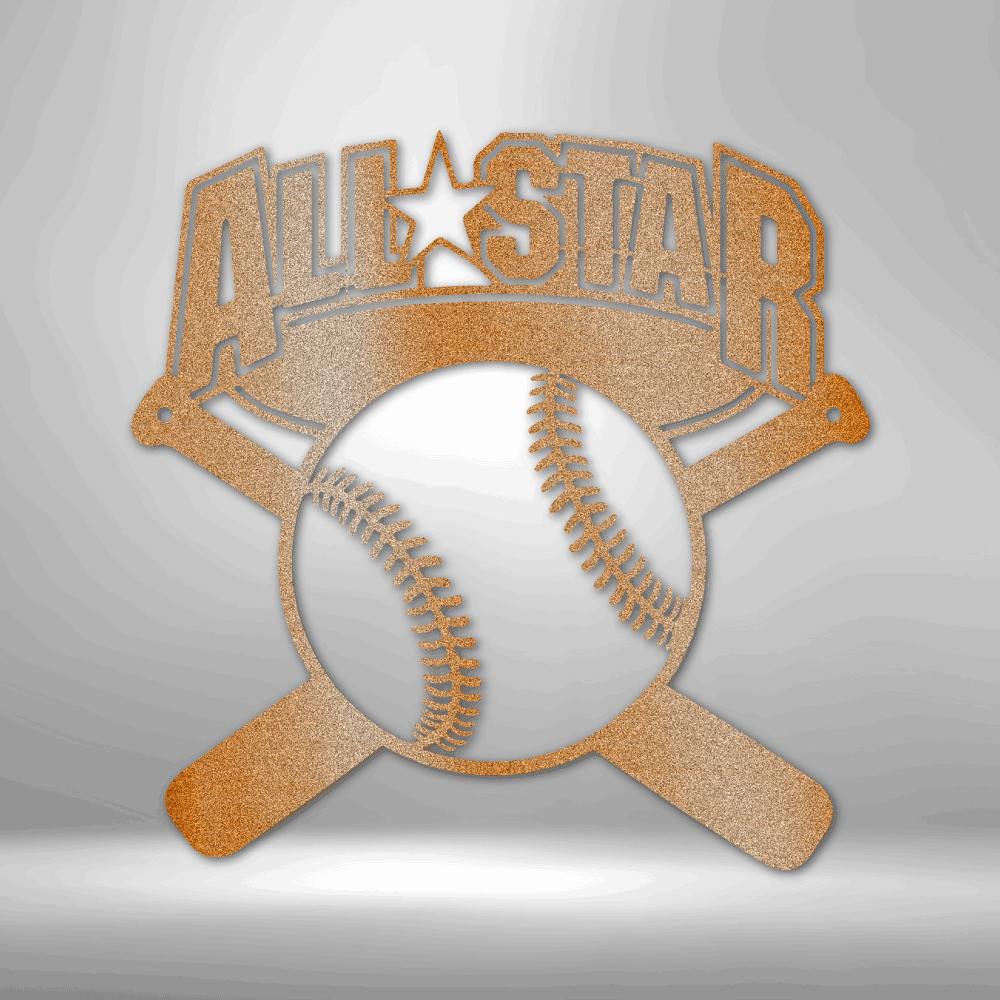 Metal Wall Art Sign of a baseball with two baseball bats and  the words All Star. Hang this on your wall as home sports decoration. This picture shows the design in the color copper