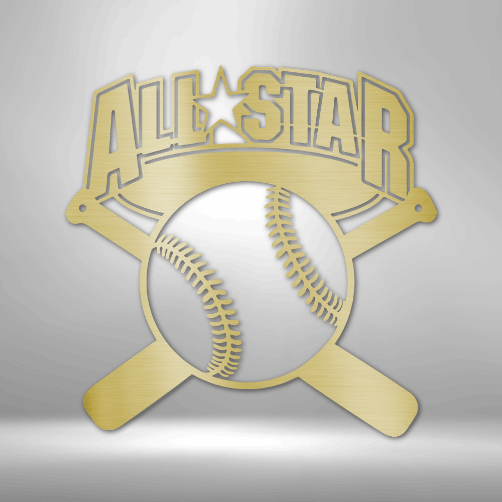Metal Wall Art Sign of a baseball with two baseball bats and the words All Star. Hang this on your wall as home sports decoration. This picture shows the design in the color gold