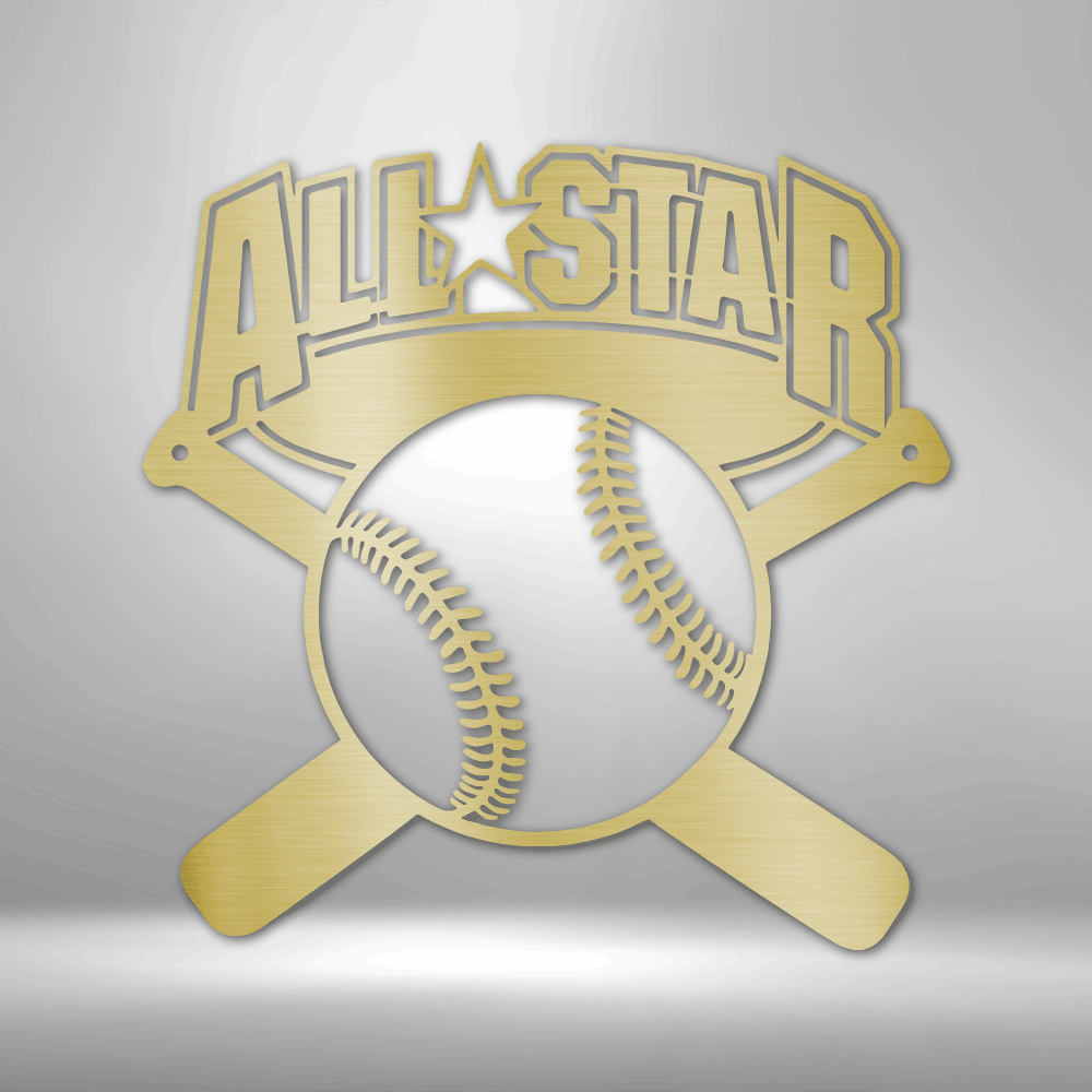Metal Wall Art Sign of a baseball with two baseball bats and  the words All Star. Hang this on your wall as home sports decoration. This picture shows the design in the color gold
