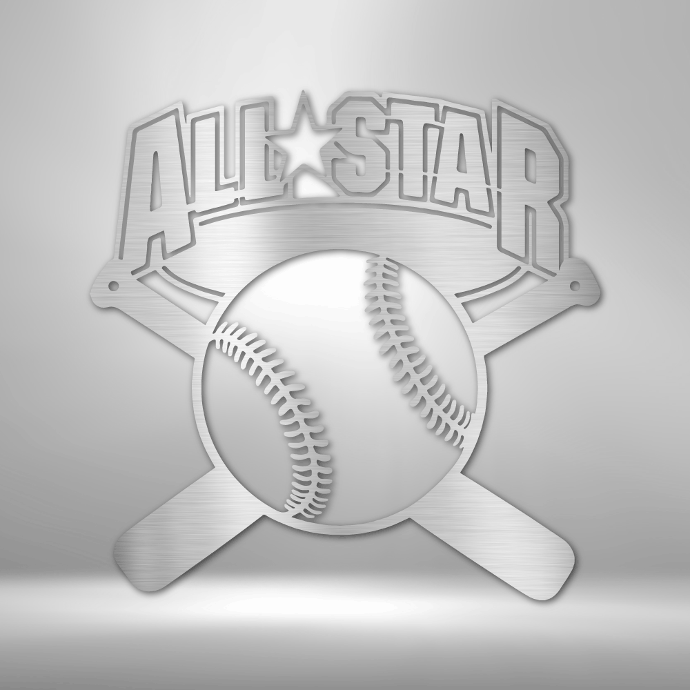 Metal Wall Art Sign of a baseball with two baseball bats and  the words All Star. Hang this on your wall as home sports decoration. This picture shows the design in the color silver