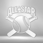 Metal Wall Art Sign of a baseball with two baseball bats and  the words All Star. Hang this on your wall as home sports decoration. This picture shows the design in the color white