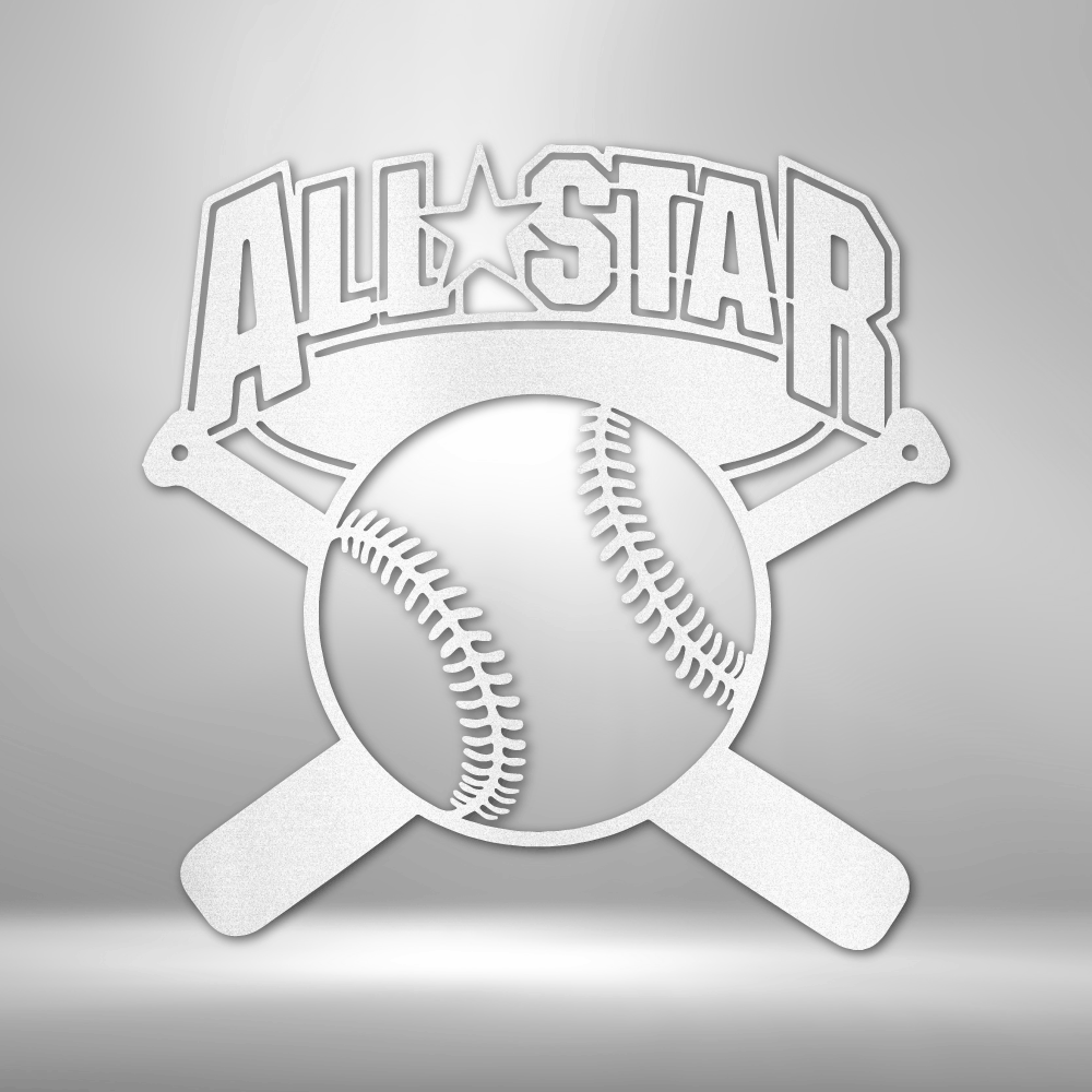 Metal Wall Art Sign of a baseball with two baseball bats and the words All Star. Hang this on your wall as home sports decoration. This picture shows the design in the color white