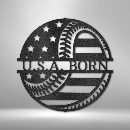 metal wall art sign of a baseball with the american flag that you can personalize with your own custom text or name. Hang this on your wall als home decor. This picture shows the design in the color black