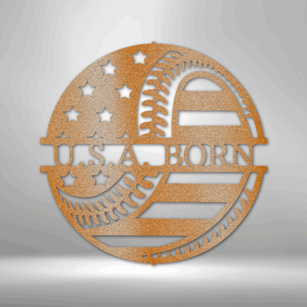 metal wall art sign of a baseball with the american flag that you can personalize with your own custom text or name. Hang this on your wall als home decor. This picture shows the design in the color copper
