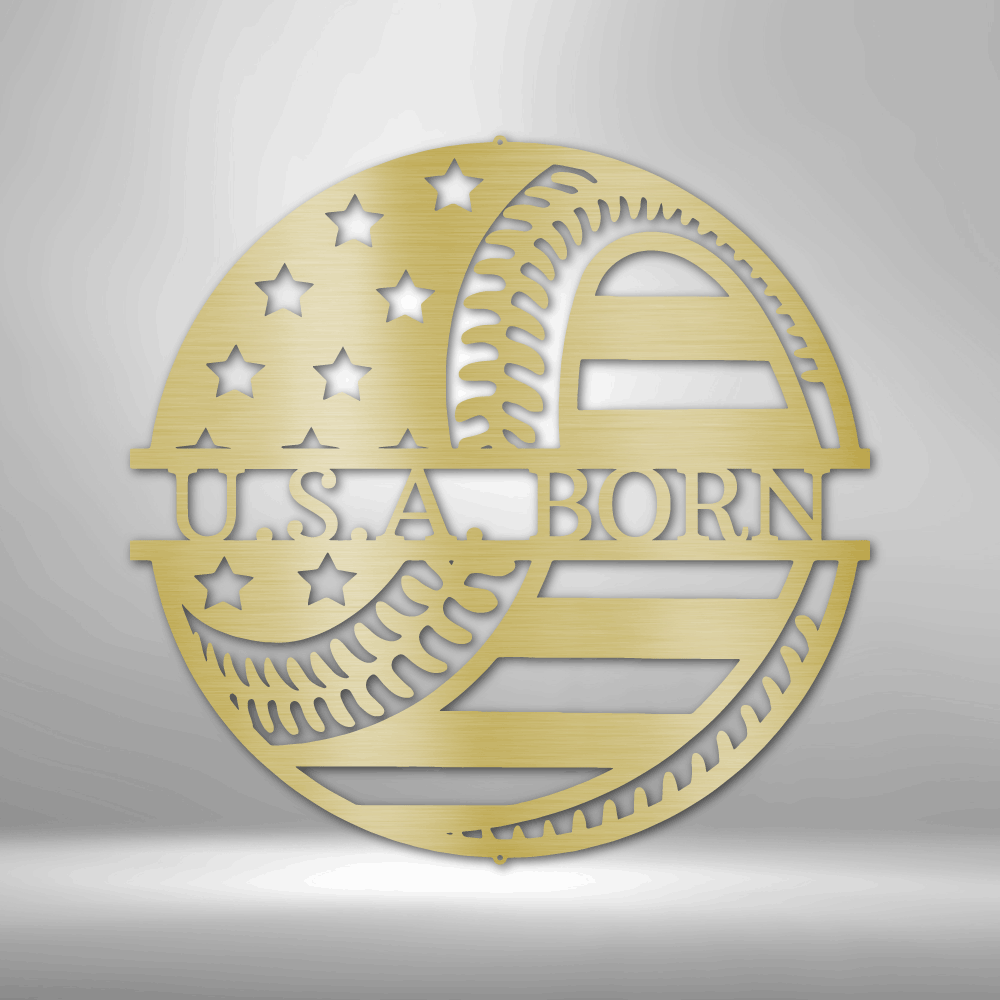 metal wall art sign of a baseball with the american flag that you can personalize with your own custom text or name. Hang this on your wall als home decor. This picture shows the design in the color gold