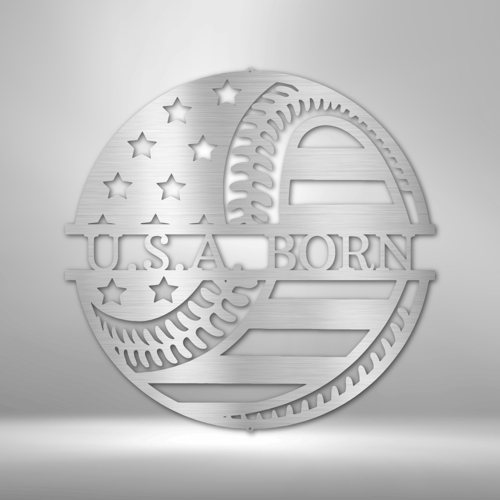 metal wall art sign of a baseball with the american flag that you can personalize with your own custom text or name. Hang this on your wall als home decor. This picture shows the design in the color silver