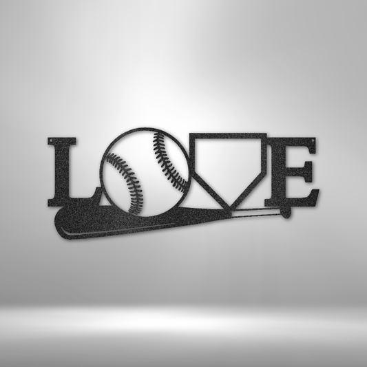 Metal wall art sign with a sport baseball theme. Hang this design on your bedroom wall or in your man cave. This design shows a baseball bat, baseball ball and an home plate. This picture shows the sign in the color black