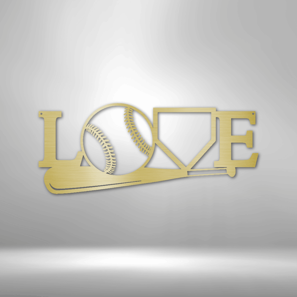 Metal wall art sign with a sport baseball theme. Hang this design on your bedroom wall or in your man cave. This design shows a baseball bat, baseball ball and an home plate, it spells out the word Love. This picture shows the sign in the color gold