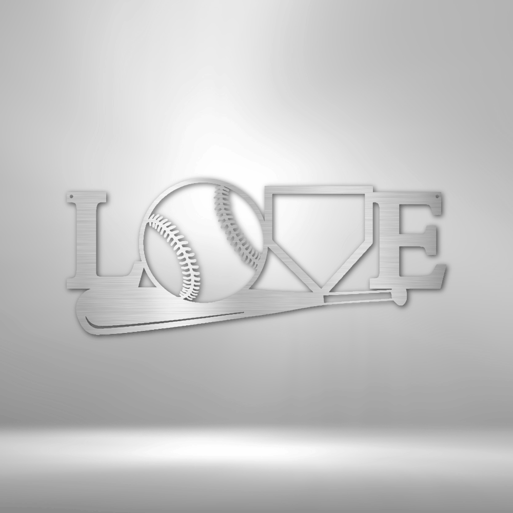 Metal wall art sign with a sport baseball theme. Hang this design on your bedroom wall or in your man cave. This design shows a baseball bat, baseball ball and an home plate, it spells out the word Love. This picture shows the sign in the color silver