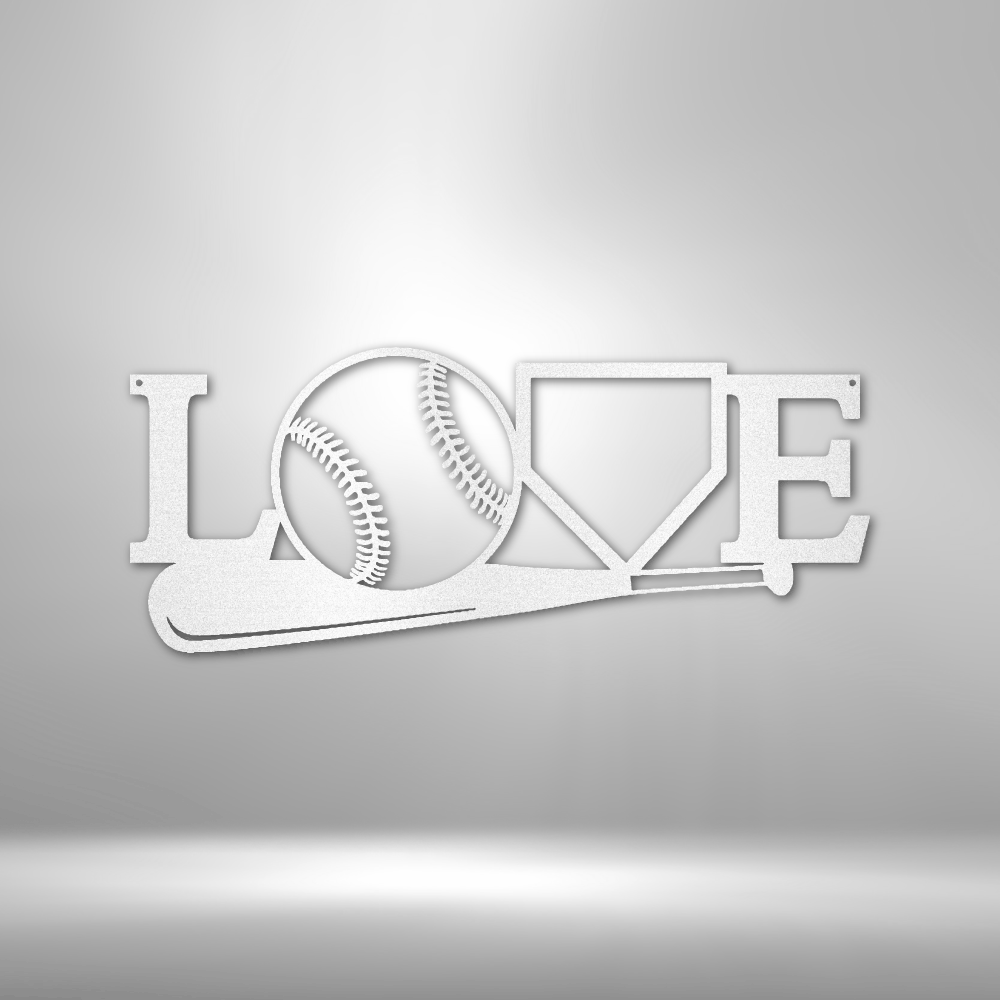 Metal wall art sign with a sport baseball theme. Hang this design on your bedroom wall or in your man cave. This design shows a baseball bat, baseball ball and an home plate, it spells out the word Love. This picture shows the sign in the color white