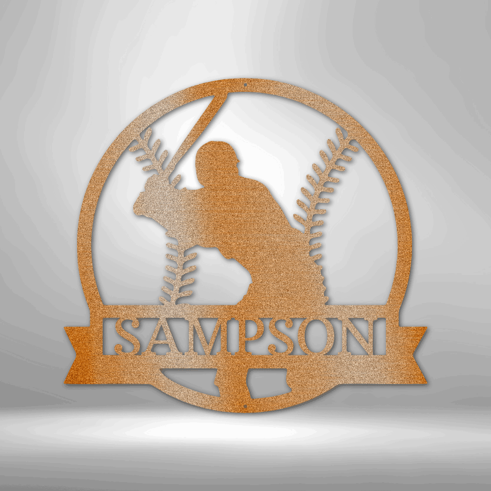 metal wall art sign of a baseball player inside a baseball with a custom name or text. Hang this on your wall as home decor. This picture shows the design in the color copper