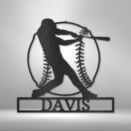 Metal sport wall art sign of a baseball player, a baseball and a custom name or text. Hang this on the wall as home decor. This picture shows the design in the color black