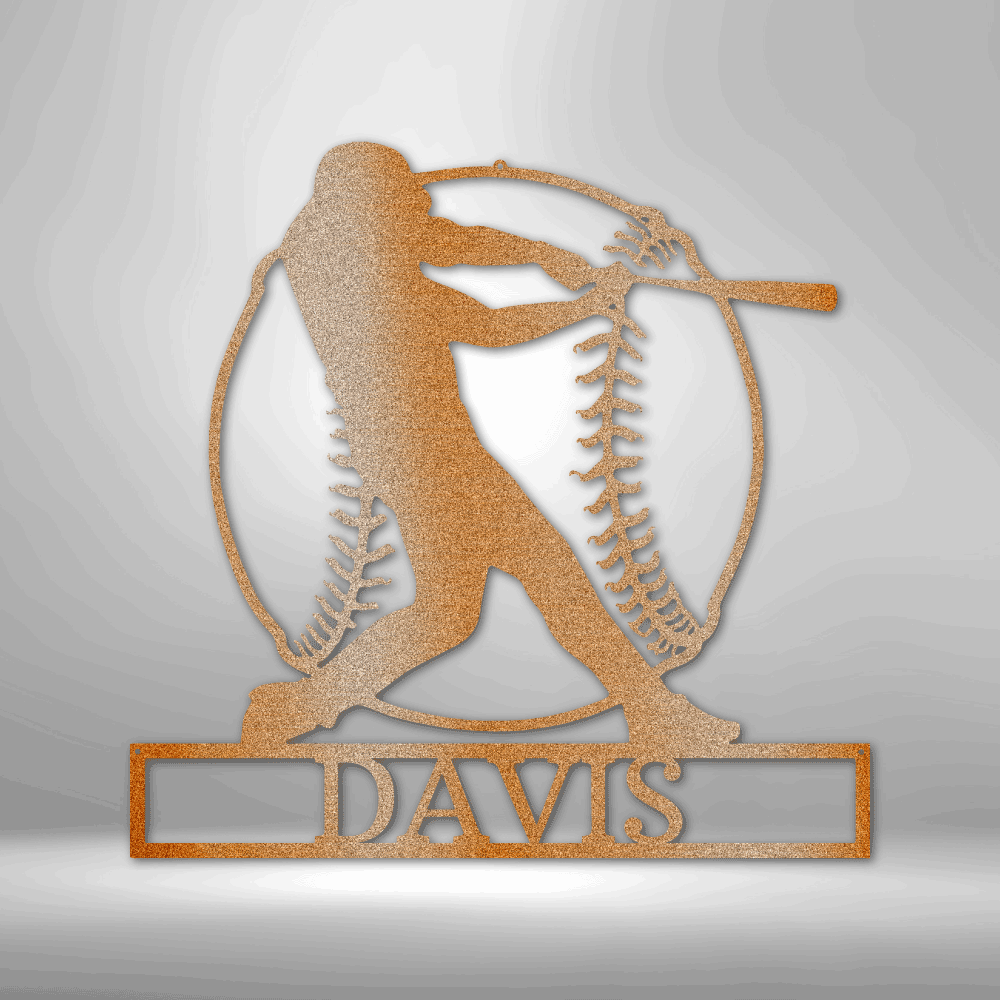 Metal sport wall art sign of a baseball player, a baseball and a custom name or text. Hang this on the wall as home decor. This picture shows the design in the color copper
