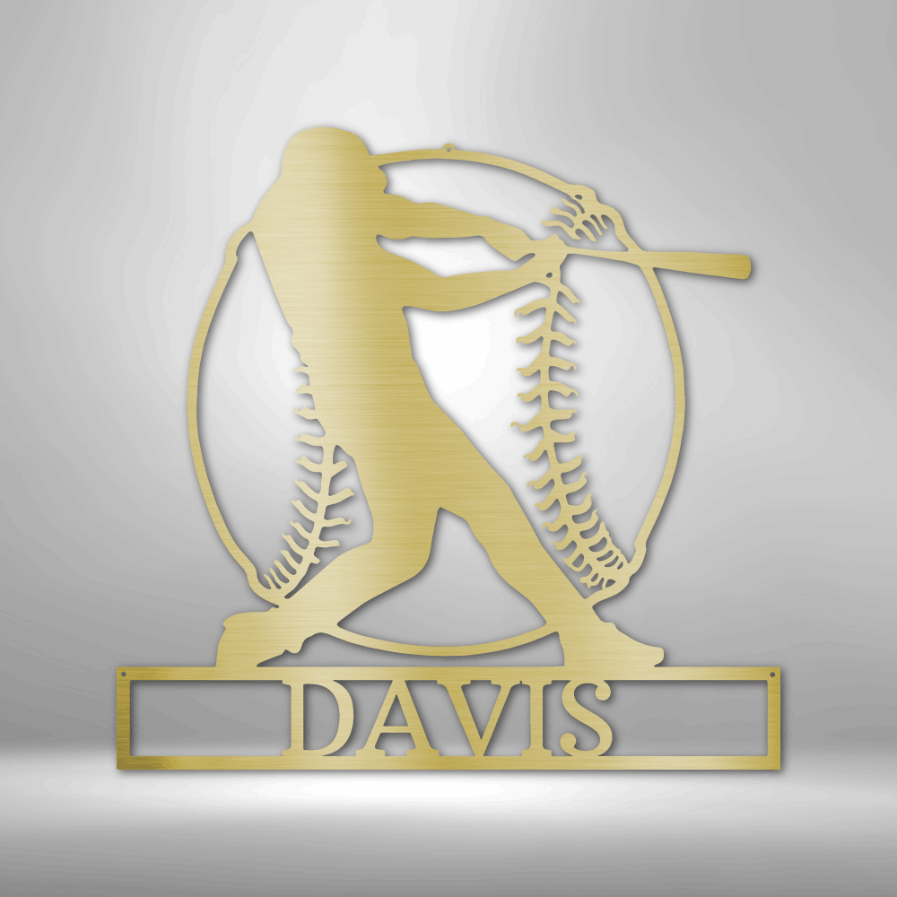 Metal sport wall art sign of a baseball player, a baseball and a custom name or text. Hang this on the wall as home decor. This picture shows the design in the color gold
