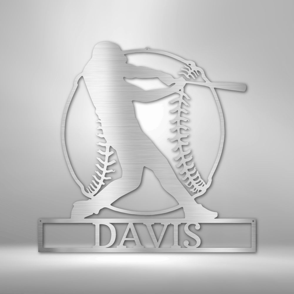 Metal sport wall art sign of a baseball player, a baseball and a custom name or text. Hang this on the wall as home decor. This picture shows the design in the color silver