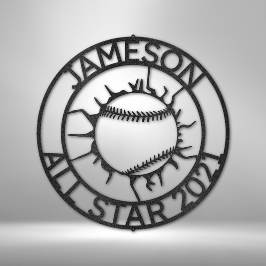 Metal Wall Art Sign with a sport theme. It shows the baseball ball that cracked the wall with an outer ring that your can personalize with your own names, date or any custom text. This picture shows the baseball design in the color black